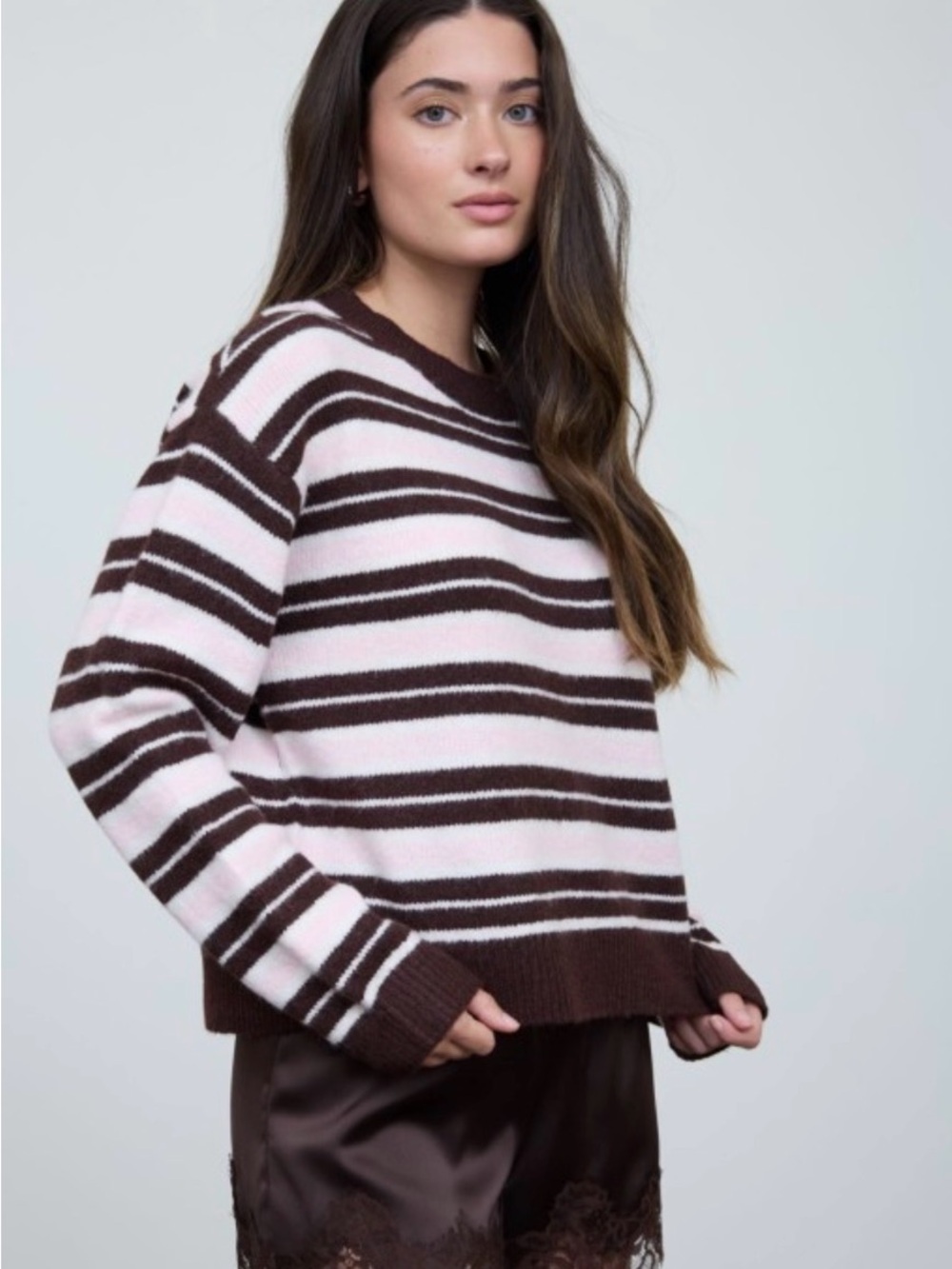 Striped Crewneck Sweater in Pink and Brown - Picture 2 of 3